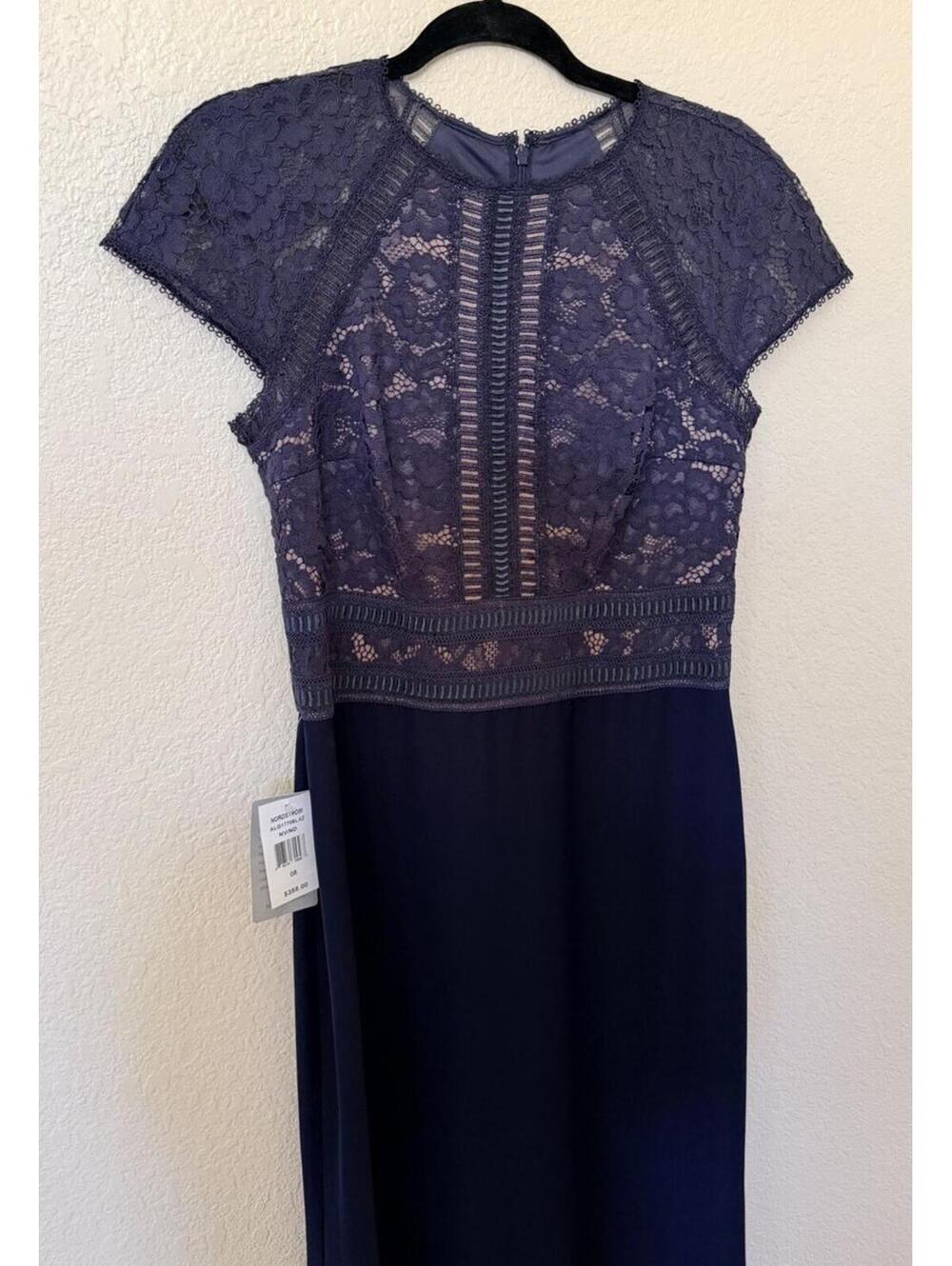 Tadashi Shoji Navy Lace-Top Floor-Length Gown with Cap Sleeves - Picture 8 of 13